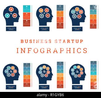 Set vector image for infographic. Head with gearwheels, thinking human target purpose startup business concept, template for 3 4 5 6 7 8 positions, st Stock Vector
