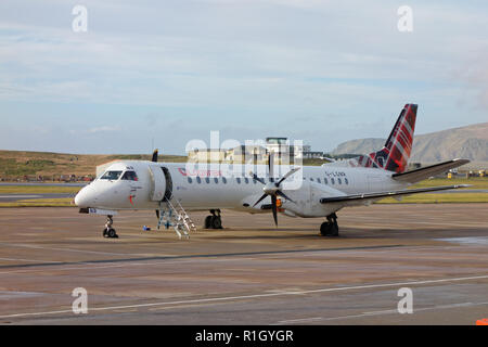 Logon Air SAAB 2000 aircraft awaiting departure from Sumburgh Airport, Shetland Islands, Scotland. Stock Photo