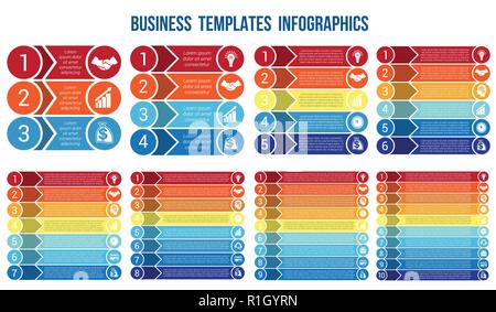 Horizontal colorful arrows and strips, bars infochart, areachart presentation or templates for 3,4,5,6,7,8,9,10 positions infographics Stock Vector