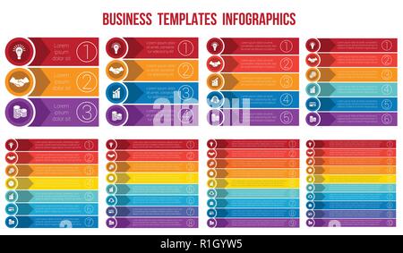 Templates infographics from strips, arrows of circles business concept for 3,4,5,6,7,8,9,10 positions. Stock Vector