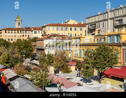 typical facades at flower market, Vielle Ville, old city center of Nice, French riviera Stock Photo