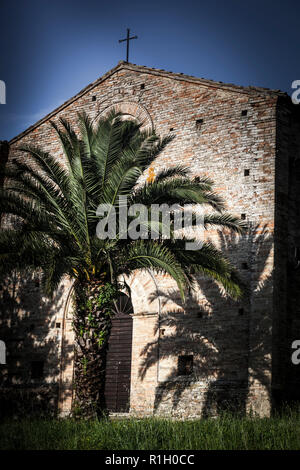 A large Palm tree casts a shadow of the afternoon sun on an old brick church. Stock Photo