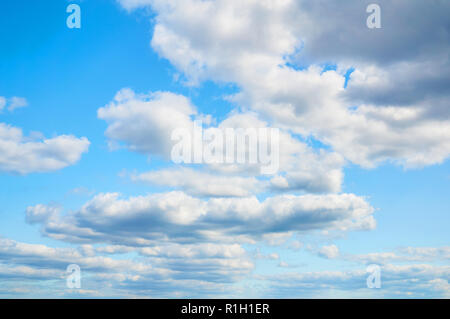 Wavy, porous curly clouds on the blue sky. Nature background. Stock Photo