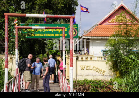 Tourists travelling from Vietnam at Cambodian International Border Checkpoint on Mekong River. Kaam Samnor, Cambodia, southeast Asia Stock Photo