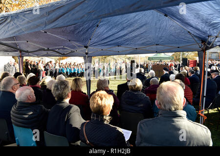 People attending Remembrance Sunday, War Memorial, Bordon, Hampshire, UK. 11.11.2018.