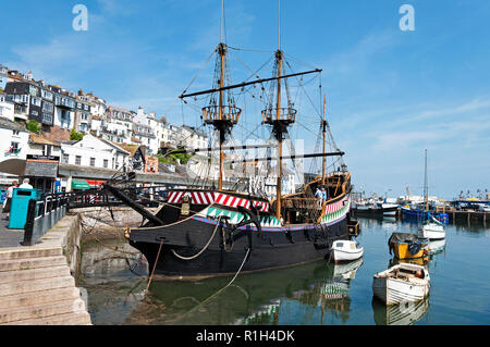 full size replica of sir francis drakes ship the golden hind in the harbour at brixham, devon, england, britain, uk. Stock Photo