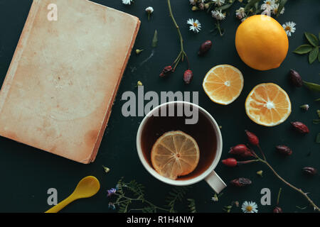 Herbal medicine flat lay top view with cup of hot rosehip tea and slice of lemon Stock Photo