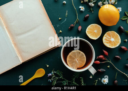 Herbal medicine flat lay top view with cup of hot rosehip tea and slice of lemon Stock Photo