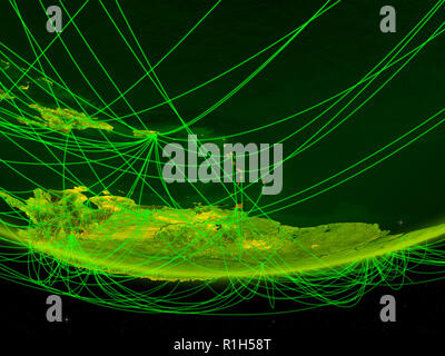 Caribbean on green model of planet Earth with network representing digital age, travel and communication. 3D illustration. Elements of this image furn Stock Photo