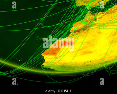 Western Sahara on green model of planet Earth with network at night ...