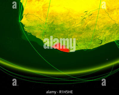 Liberia on green model of planet Earth with network representing digital age, travel and communication. 3D illustration. Elements of this image furnis Stock Photo