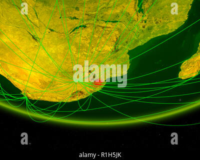 eSwatini on green model of planet Earth with network representing digital age, travel and communication. 3D illustration. Elements of this image furni Stock Photo