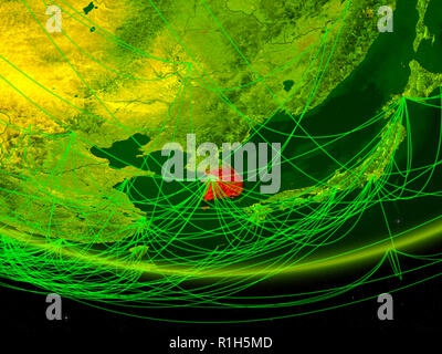 South Korea on green model of planet Earth with network representing ...