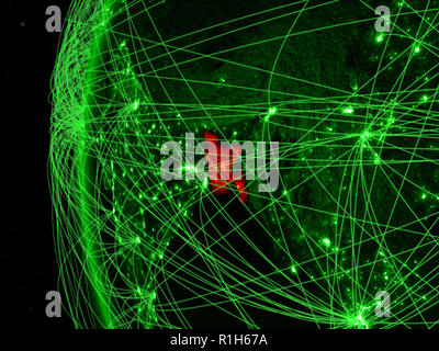 Bangladesh from space on green model of Earth with international networks. Concept of green communication or travel. 3D illustration. Elements of this Stock Photo
