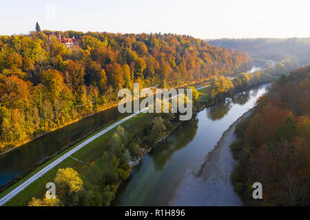 Isar channel and Isar, castle Schwaneck in Pullach in the Isartal, near Munich, drone image, Upper Bavaria, Bavaria, Germany Stock Photo