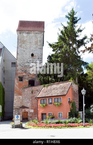 Hexenturm with city wall and residential building, part of the medieval city fortification, former prison tower, Memmingen Stock Photo