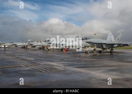 Sailors assigned to Strike Fighter Squadron 115 (VFA-115) conduct preflight checks during exercise Valiant Shield 18, Sept. 20, 2018. Valiant Shield is a biennial, U.S. only, field training exercise with a focus on integration of joint training among U.S. forces. This training enables real-world proficiency in sustaining joint forces through detecting, locating, tracking, and engaging units at sea, in the air, on land, and in cyberspace in response to a range of mission areas. Stock Photo