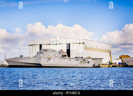 The USS Omaha (LCS 12), the nation's 12th littoral combat ship, is docked at Austal USA's ship manufacturing facility, in Mobile, Alabama. Stock Photo