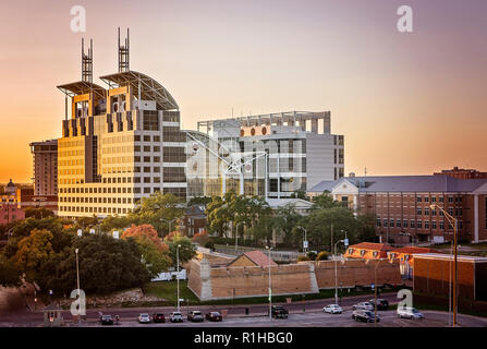The sun sets on Government Plaza, November 27, 2015, in Mobile, Alabama. Stock Photo