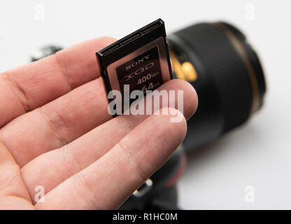 SAINT-PETERSBURG, RUSSIA - APRIL 26, 2018: Sony QDG64E XQD 64Gb Memory Card Stock Photo