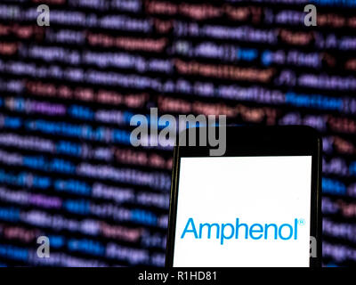 Amphenol Fiber optic cable manufacturing company logo seen displayed on smart phone. Amphenol Corporation is a major producer of electronic and fiber optic connectors, cable and interconnect systems such as coaxial cables. Stock Photo