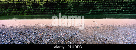 Panoramic image of moss and seaweed covered sea defence wall. Stock Photo