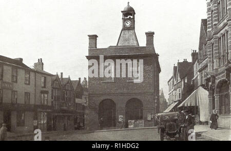 Reigate town hall, Reigate /ˈraɪɡeɪt/ is a town of over 20,000 inhabitants in eastern Surrey, England. It is in the London commuter belt and one of three towns in the borough of Reigate and Banstead. It is sited at the foot of the North Downs and extends over part of the Greensand Ridge. Reigate has a medieval castle and has been a market town since the medieval period, when it also became a parliamentary borough. Stock Photo