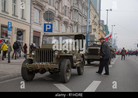 Warsaw, Poland, 11 November 2018: Jeep Willys from WW2 during celebrations of Polish Independence Day Stock Photo