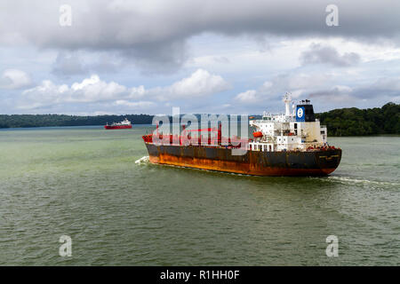 Tanker MV Seaways Antigmar transiting Gatun Lake in the Panama Canal system. Stock Photo