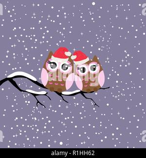 vector illustration of Christmas winter owls sitting in the tree branch. snow background. Stock Vector