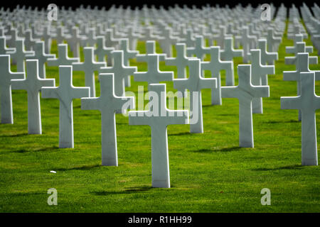 Pattern of crosses shallow depth of field at the Luxembourg American Cemetery & Memorial. Stock Photo