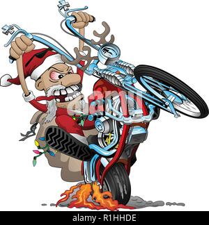 Santa biker on an American style chopper motorcycle, popping a wheelie, vector cartoon Illustration Stock Vector