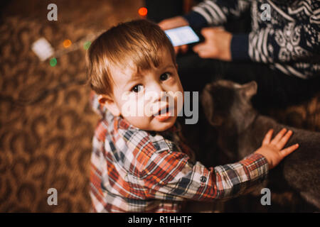 Portrait of baby boy looking at camera sitting on the floor at home with his mother and cat Stock Photo