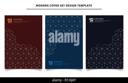Set of modern cover design template silver hexagons border pattern on dark background. Geometric shapes platinum color elements for brochure, flyer, c Stock Vector