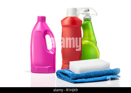 Cleaning equipment isolated over white background. Bottle, cleaner liquid, sponge and rag Stock Photo