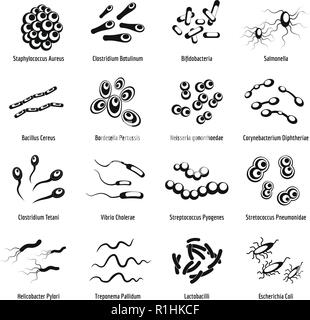 Viruses and bacteria icons set. Simple illustration of 16 viruses and bacteria vector icons isolated on white background Stock Vector