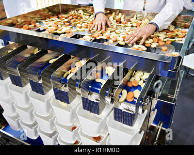 Sorting and packing of sliced fruits and vegetables and hand Stock Photo