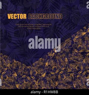 Abstract dark blue background with orange palm leaves and sample text Stock Vector