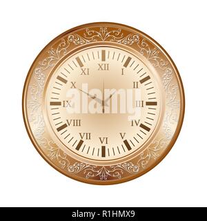 Golden old pocket watch with floral pattern isolated on white background Stock Vector