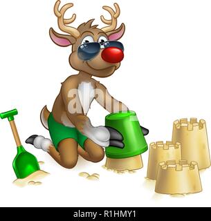 Santas Reindeer in Shades Sunglasses on the Beach Stock Vector