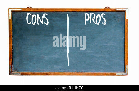 Pros and cons text words in white written on wide blue old grungy vintage wooden chalkboard retro blank blackboard with frame isolated on white backgr Stock Photo