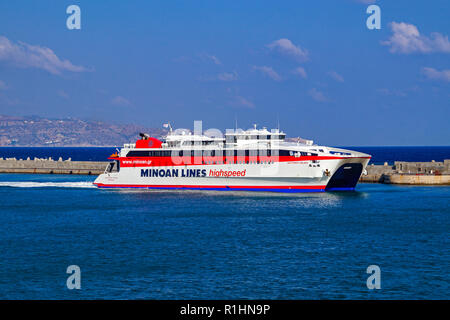 Minoan Lines catamaran Santorini Palace is leaving the harbour in Heraklion Crete Greece Europe Stock Photo