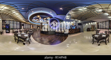 360 degree panoramic view of GRODNO, BELARUS - APRIL 25, 2013: Full 360 panorama in equirectangular spherical projection in stylish pizza cafe Turan in industrial style.