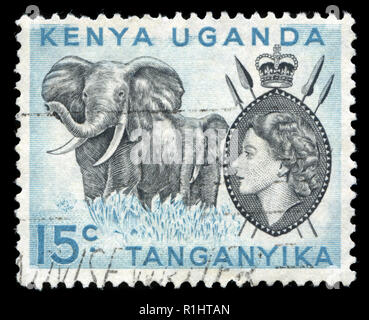 Postage stamps from British East Africa (Kenya, Uganda, Tanganika) in the  Queen Elizabeth II and Views series Stock Photo