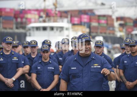 Coast Guard Rear Adm. Andrew J. Tiongson, commander, First Coast Guard District, speaks to service members in Bayonne, New Jersey, on Sept. 20, 2018. Many of the Coast Guard members are stationed on various cutters throughout the Northeast and they are in the New York City area in support of security measures for the 73rd United Nations General Assembly. Stock Photo