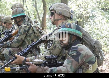 Soldiers with U.S. Army’s 1st Battalion, 23rd Infantry Regiment, and Indian army’s 99th Mountain Brigade pull security during an IED training lane Sept. 21, 2018, at Chaubattia Military Station, India. This was part of Yudh Abhyas, an exercise that enhances the joint capabilities of both the U.S. and Indian army through training and cultural exchange, and helps foster enduring partnerships in the Indo-Asia Pacific region. Stock Photo