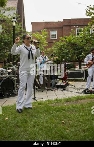 SPRINGFIELD, Mass. (September, 22 2018) Musician 3rd Class Cristiana Villalva, San Diego native and lead vocalist for Navy Band Northeast's 'Rhode Island Sound' performs at the Dr. Seuss National Memorial Sculpture Garden during Springfield Navy Week. Navy Weeks are designed to connect the public with Navy Sailors, programs and equipment throughout the country. Every year, America's Navy comes home to approximately 15 cities across the country to show Americans why having a strong Navy is critical to the American way of life.