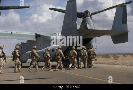 U.S. Marines with Alpha Company, 1st Battalion, 3d Marine Regiment, board an MV-22B Osprey aircraft assigned to Marine Aviation Weapons and Tactics Squadron One (MAWTS-1) to conduct insertion operations in support of Weapons and Tactics Instructor (WTI) course 1-19 in Welton, Arizona, Sept. 19, 2018. WTI is a seven-week training event hosted by MAWTS-1 which emphasizes operational integration of the six functions of Marine Corps aviation in support of a Marine air-ground task force. WTI also provides standardized advanced tactical training and certification of unit instructor qualifications to Stock Photo