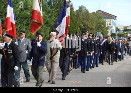 Brig. Gen. Frederick R. Maiocco Jr., commander of the U.S. Army Reserve’s 7th Mission Support Command, joined his Soldiers, reenactors and dignitaries from France and the U.S. in honoring the U.S. Army’s 16th Infantry Regiment, 1st Infantry Division’s historical crossing of the bridge at the village of Nonsard, France, during the WWI Centennial Celebration, Sept. 22, 2018. Stock Photo