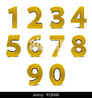 Gold numbers set from 0 to 9 isolated on white background, three-dimensional rendering, 3D illustration Stock Photo